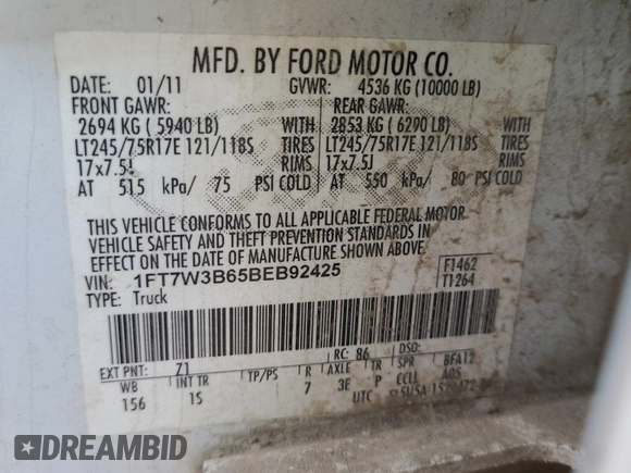 2011 Ford F-350 Platinum with VIN 1FT7W3B65BEB92425, listed as a IAAI auction lot 42626973 with 323,249 mi miles and . Bid and sale history available at DreamBid. Image 30.