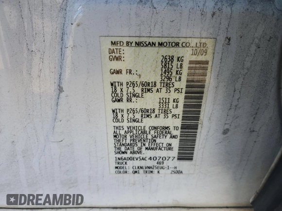 2010 Nissan Frontier LE with VIN 1N6AD0EV5AC407077, listed as a Copart auction lot 44103215 with 224,351 mi miles and Salvage title. Bid and sale history available at DreamBid. Image 12.