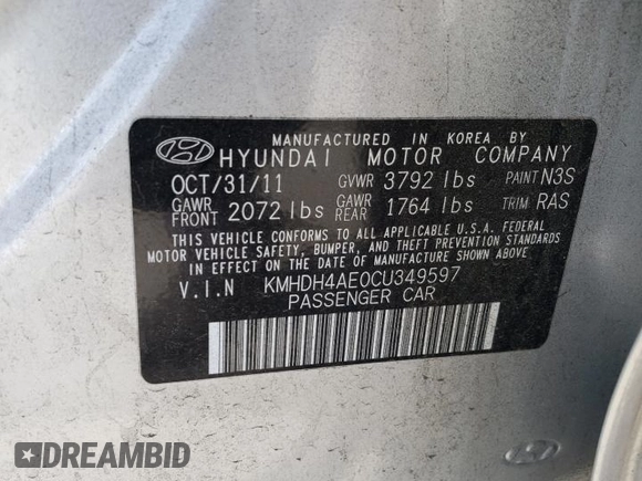 2012 Hyundai Elantra Limited with VIN KMHDH4AE0CU349597, listed as a Copart auction lot 62027805 with 66,617 mi miles and Salvage title. Bid and sale history available at DreamBid. Image 12.
