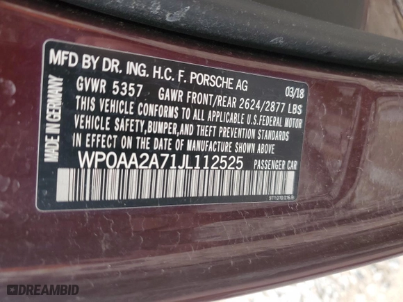 2018 Porsche Panamera with VIN WP0AA2A71JL112525, listed as a Copart auction lot 51806245 with 41,117 mi miles and Clean Title. Bid and sale history available at carsss.com. Image 13.