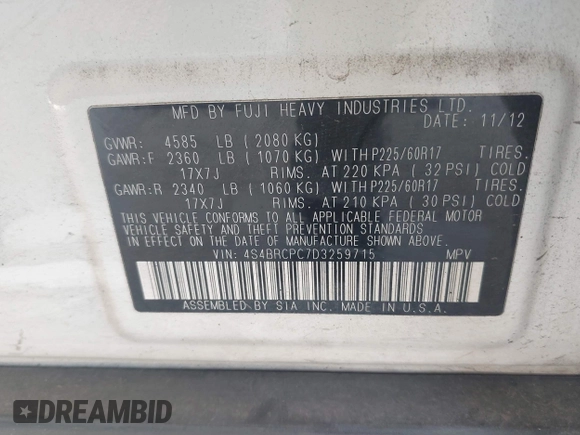 2013 Subaru Outback Limited с VIN 4S4BRCPC7D3259715, выставлен на аукционе IAAI как лот 42594425 с пробегом 193 867 миль миль и . История ставок и продаж доступна на DreamBid. Изображение 9.