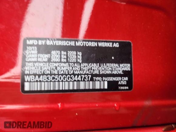 2016 BMW 4 Series 435i xDrive with VIN WBA4B3C50GG344737, listed as a Copart auction lot 60468675 with 20,148 mi miles and Clean title. Bid and sale history available at DreamBid. Image 12.