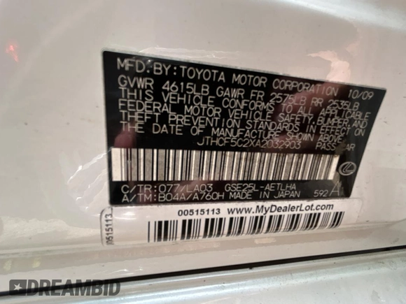 2010 Lexus IS 250 z VIN JTHCF5C2XA2032903, wystawiony jako Copart lot #63826195 z przebiegiem 197 155 mil mil oraz Szkoda całkowita • Salvage title. Historia ofert i sprzedaży dostępna na DreamBid. Obrazek 10.