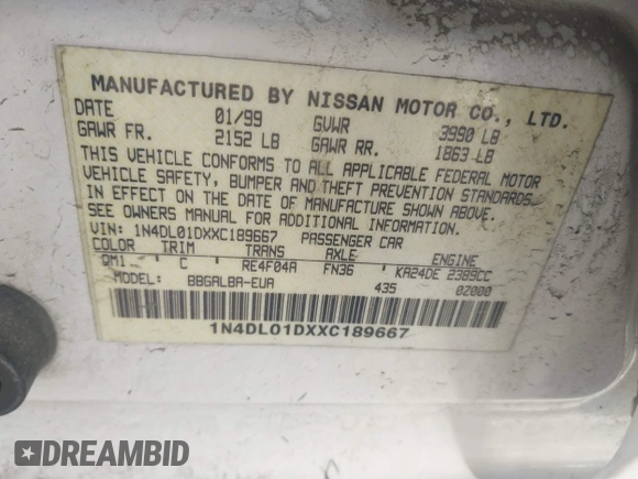 1999 Nissan Altima XE with VIN 1N4DL01DXXC189667, listed as a IAAI auction lot 41715276 with 132,425 mi miles. Bid and sale history available at carsss.com. Image 9.