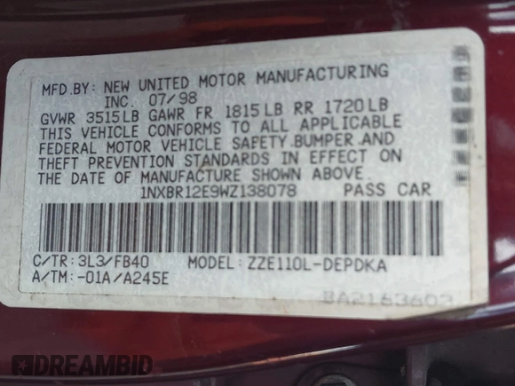 1998 Toyota Corolla VE with VIN 1NXBR12E9WZ138078, listed as a IAAI auction lot 41392232 with Not provided miles and . Bid and sale history available at DreamBid. Image 9.