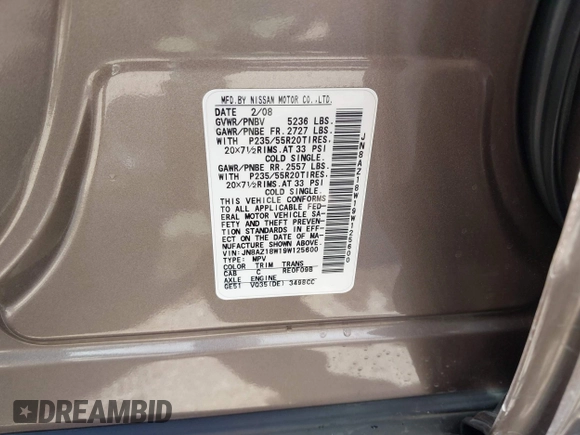 2009 Nissan Murano S with VIN JN8AZ18W19W125600, listed as a IAAI auction lot 42055358 with 66,165 mi miles and . Bid and sale history available at carsss.com. Image 9.