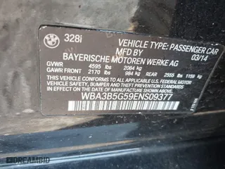 2014 BMW 3 Series 328i xDrive with VIN WBA3B5G59ENS09377, listed as a IAAI auction lot 41921377 with 102,160 mi miles. Bid and sale history available at carsss.com. Image 9.