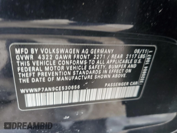 2012 Volkswagen CC Sport PZEV with VIN WVWNP7AN9CE530656, listed as a Copart auction lot 87110714 with 0 mi miles and Clean Title. Bid and sale history available at carsss.com. Image 12.