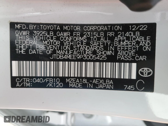 2023 Toyota Corolla LE z VIN JTDB4MEE9P3005425, wystawiony jako Copart lot #53315925 z przebiegiem 21 409 mil mil oraz Szkoda całkowita • Salvage title. Historia ofert i sprzedaży dostępna na DreamBid. Obrazek 13.