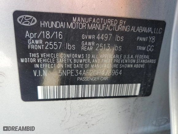 2016 Hyundai Sonata 2.4L Sport with VIN 5NPE34AF2GH428964, listed as a Copart auction lot 46876405 with 125,448 mi miles and Salvage Title. Bid and sale history available at carsss.com. Image 14.
