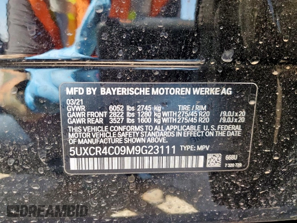 2021 BMW X5 sDrive40i with VIN 5UXCR4C09M9G23111, listed as a Copart auction lot 60509475 with 34,230 mi miles and Salvage title. Bid and sale history available at DreamBid. Image 13.