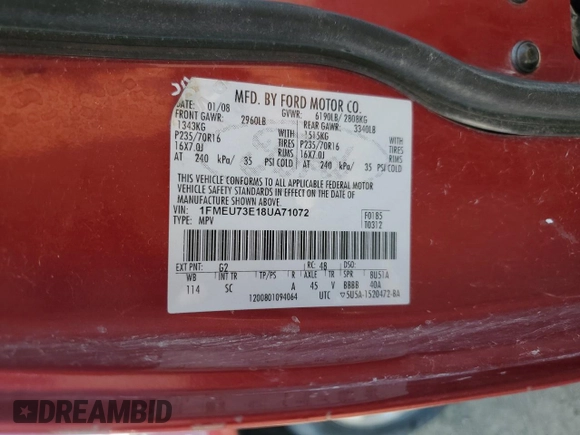 2008 Ford Explorer XLT z VIN 1FMEU73E18UA71072, wystawiony jako Copart lot #60070525 z przebiegiem 218 688 mil mil oraz Szkoda całkowita • Salvage title. Historia ofert i sprzedaży dostępna na DreamBid. Obrazek 13.