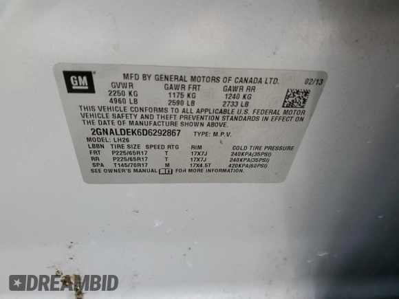 2013 Chevrolet Equinox LT with VIN 2GNALDEK6D6292867, listed as a Copart auction lot 50782155 with 127,354 mi miles and Salvage Title. Bid and sale history available at DreamBid. Image 13.