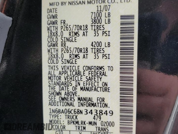 2008 Nissan Titan XE with VIN 1N6BA06C68N343849, listed as a Copart auction lot 81583294 with 84,448 mi miles and Salvage title. Bid and sale history available at DreamBid. Image 14.