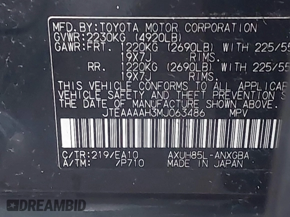 2021 Toyota Venza LE with VIN JTEAAAAH3MJ063486, listed as a IAAI auction lot 41800679 with 75,475 mi miles and . Bid and sale history available at carsss.com. Image 9.