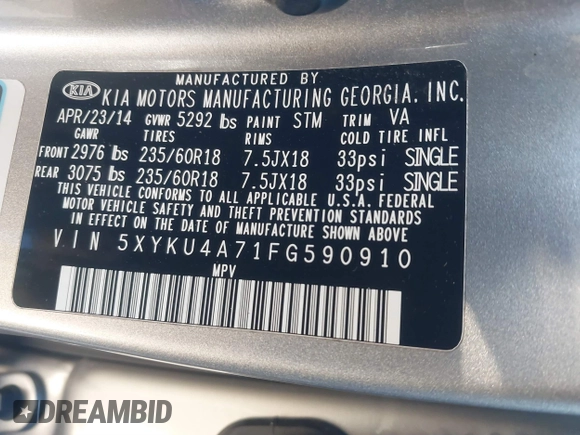 2015 Kia Sorento EX with VIN 5XYKU4A71FG590910, listed as a IAAI auction lot 41378588 with 165,090 mi miles. Bid and sale history available at carsss.com. Image 9.