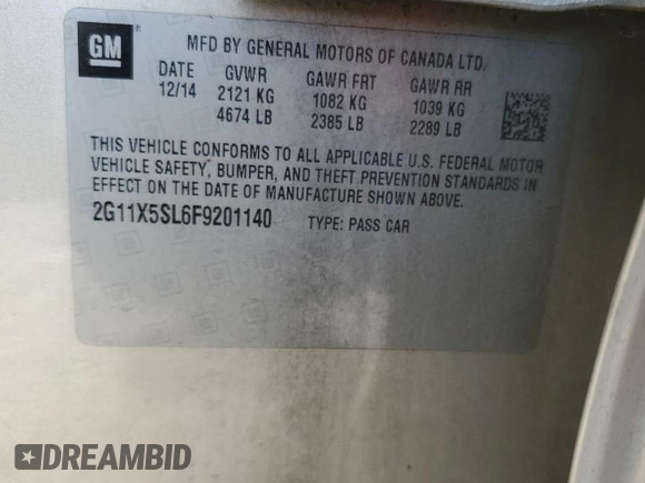 2015 Chevrolet Impala LS with VIN 2G11X5SL6F9201140, listed as a Copart auction lot 49108335 with 182,581 mi miles and Salvage Title. Bid and sale history available at DreamBid. Image 14.