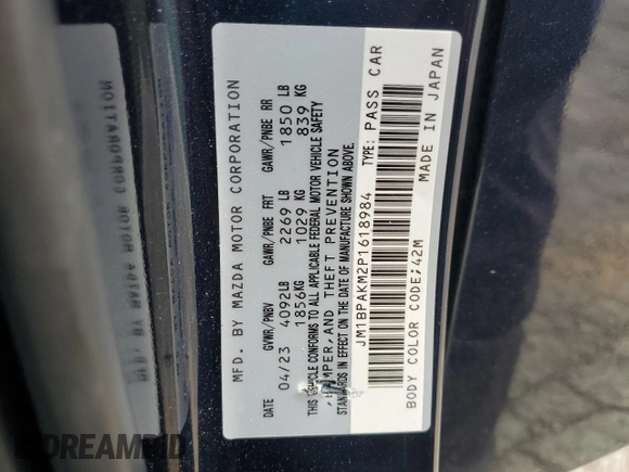2023 Mazda 3 S Select with VIN JM1BPAKM2P1618984, listed as a Copart auction lot 63008105 with 36,781 mi miles and Salvage title. Bid and sale history available at DreamBid. Image 12.