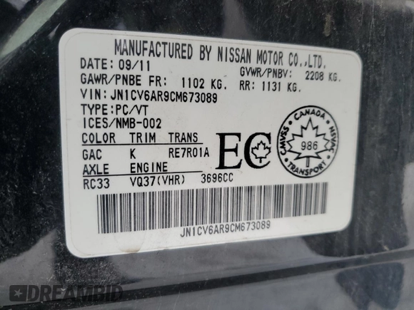 2012 Infiniti G37 x with VIN JN1CV6AR9CM673089, listed as a Copart auction lot 41621245 with 213,749 mi miles and Salvage Title. Bid and sale history available at DreamBid. Image 13.
