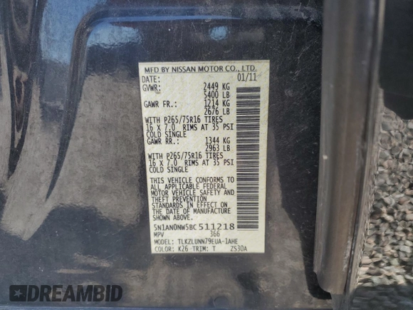 2011 Nissan Xterra S with VIN 5N1AN0NW5BC511218, listed as a Copart auction lot 61609915 with 207,550 mi miles and Salvage title. Bid and sale history available at DreamBid. Image 12.
