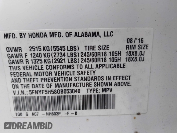 2016 Honda Pilot EX-L with VIN 5FNYF5H58GB053040, listed as a IAAI auction lot 42046304 with 107,349 mi miles and . Bid and sale history available at carsss.com. Image 9.