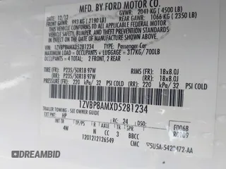 2013 Ford Mustang V6 with VIN 1ZVBP8AMXD5281234, listed as a IAAI auction lot 42260113 with 124,188 mi miles and . Bid and sale history available at DreamBid. Image 9.