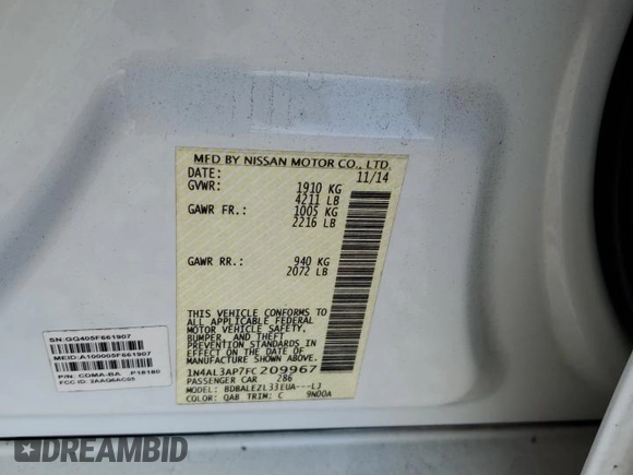 2015 Nissan Altima SV z VIN 1N4AL3AP7FC209967, wystawiony jako Copart lot #57808575 z przebiegiem 174 930 mil mil oraz Szkoda całkowita • Salvage title. Historia ofert i sprzedaży dostępna na DreamBid. Obrazek 12.