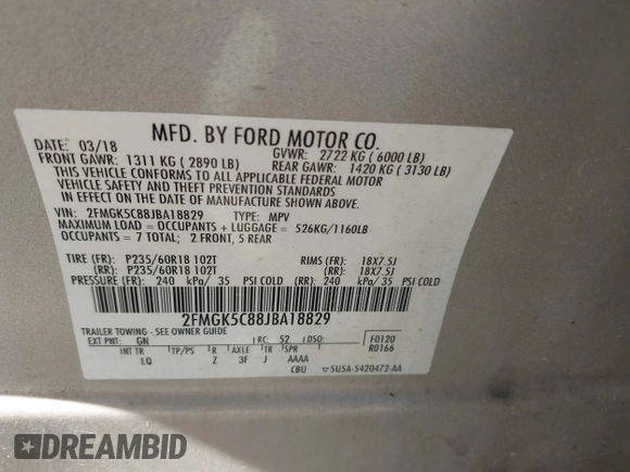2018 Ford Flex SEL z VIN 2FMGK5C88JBA18829, wystawiony jako IAAI lot #42283656 z przebiegiem 138 165 mil mil oraz . Historia ofert i sprzedaży dostępna na DreamBid. Obrazek 9.