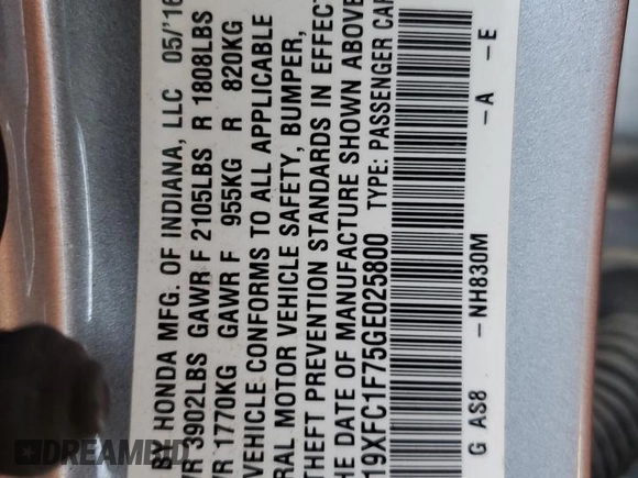 2016 Honda Civic EX-L with VIN 19XFC1F75GE025800, listed as a Copart auction lot 84600314 with 80,514 mi miles and Salvage title. Bid and sale history available at DreamBid. Image 14.