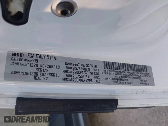 2019 Ram ProMaster City Cargo Tradesman z VIN ZFBHRFAB1K6N89591, wystawiony jako IAAI lot #41129142 z przebiegiem 63 225 mil mil oraz . Historia ofert i sprzedaży dostępna na DreamBid. Obrazek 9.