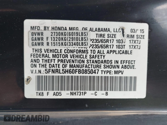 2015 Honda Odyssey EX-L z VIN 5FNRL5H60FB085047, wystawiony jako IAAI lot #42045345 z przebiegiem 180 323 mil mil oraz . Historia ofert i sprzedaży dostępna na DreamBid. Obrazek 9.