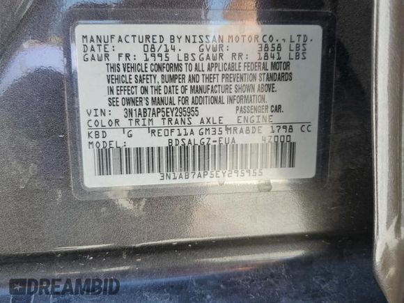 2014 Nissan Sentra SV z VIN 3N1AB7AP5EY295955, wystawiony jako Copart lot #56234435 z przebiegiem 168 466 mil mil oraz Szkoda całkowita • Salvage title. Historia ofert i sprzedaży dostępna na DreamBid. Obrazek 12.