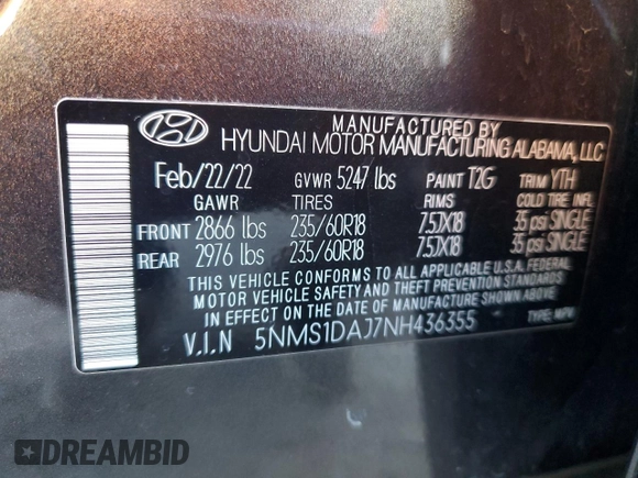2022 Hyundai Santa Fe SE with VIN 5NMS1DAJ7NH436355, listed as a Copart auction lot 82812213 with 31,020 mi miles and . Bid and sale history available at DreamBid. Image 13.