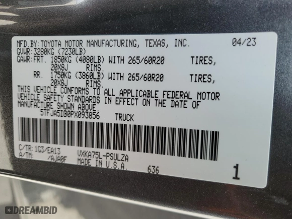 2023 Toyota Tundra 4WD Limited with VIN 5TFJA5DB0PX093856, listed as a Copart auction lot 45469845 with 30,004 mi miles and Salvage Title. Bid and sale history available at carsss.com. Image 13.