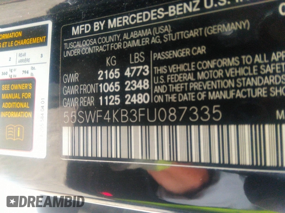 2015 Mercedes-Benz C-Class C 300 Luxury with VIN 55SWF4KB3FU087335, listed as a IAAI auction lot 40093209 with 72,690 mi miles. Bid and sale history available at carsss.com. Image 9.