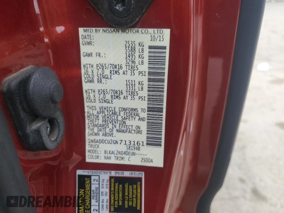 2016 Nissan Frontier SV with VIN 1N6AD0CU2GN713161, listed as a Copart auction lot 47470145 with 131,023 mi miles and Salvage title. Bid and sale history available at DreamBid. Image 14.