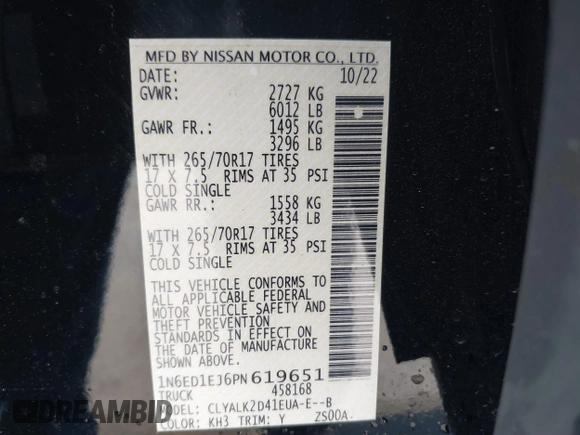 2023 Nissan Frontier Pro-X with VIN 1N6ED1EJ6PN619651, listed as a IAAI auction lot 41838415 with 69,819 mi miles and . Bid and sale history available at DreamBid. Image 9.