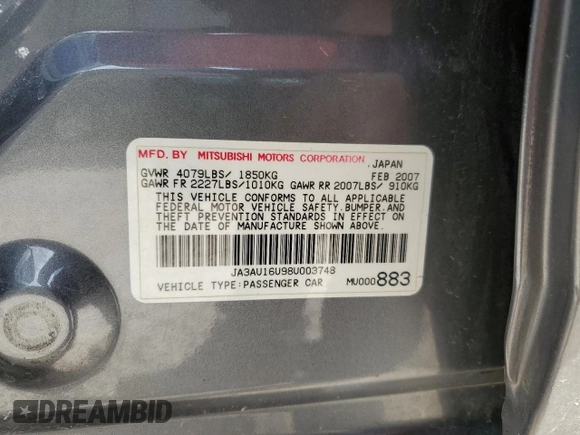 2008 Mitsubishi Lancer DE with VIN JA3AU16U98U003748, listed as a Copart auction lot 49888165 with 149,600 mi miles and Clean Title. Bid and sale history available at DreamBid. Image 12.