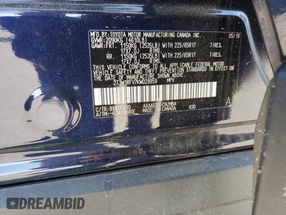 2019 Toyota RAV4 XLE with VIN 2T3W1RFV7KW029959, listed as a Copart auction lot 61825405 with 36,180 mi miles and Salvage title. Bid and sale history available at DreamBid. Image 13.