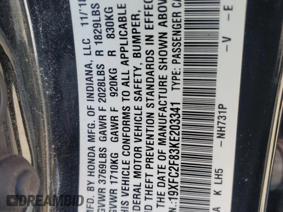 2019 Honda Civic Sport with VIN 19XFC2F83KE203341, listed as a Copart auction lot 52911825 with 120,011 mi miles and Salvage title. Bid and sale history available at DreamBid. Image 14.
