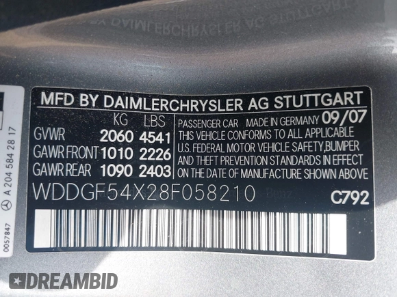 2008 Mercedes-Benz C 300 Sport with VIN WDDGF54X28F058210, listed as a IAAI auction lot 42040103 with 172,433 mi miles and . Bid and sale history available at DreamBid. Image 9.