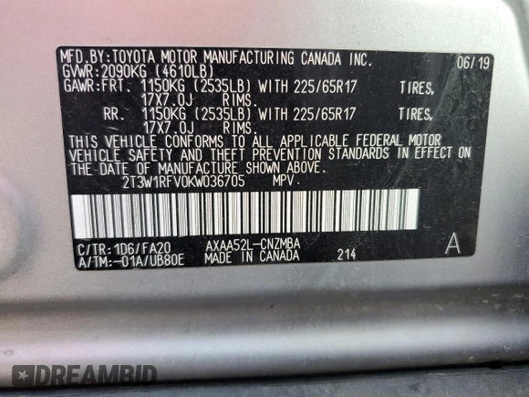 2019 Toyota RAV4 XLE with VIN 2T3W1RFV0KW036705, listed as a Copart auction lot 80983694 with 110,823 mi miles and Salvage Title. Bid and sale history available at carsss.com. Image 13.