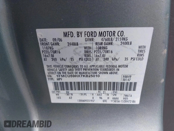 2007 Ford Escape Hybrid z VIN 1FMCU59HX7KB25010, wystawiony jako IAAI lot #42159589 z przebiegiem 217 254 mil mil oraz . Historia ofert i sprzedaży dostępna na DreamBid. Obrazek 9.