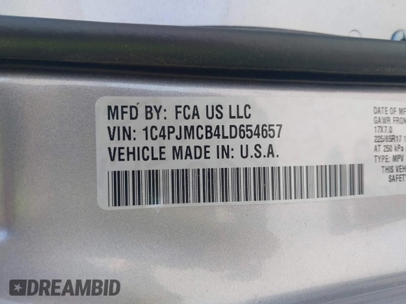 2020 Jeep Cherokee Latitude with VIN 1C4PJMCB4LD654657, listed as a IAAI auction lot 42113003 with 67,062 mi miles and . Bid and sale history available at DreamBid. Image 9.