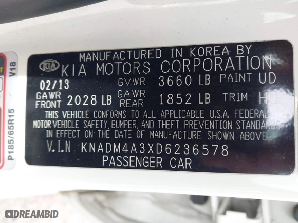 2013 Kia Rio LX with VIN KNADM4A3XD6236578, listed as a IAAI auction lot 41722410 with 174,894 mi miles. Bid and sale history available at carsss.com. Image 9.