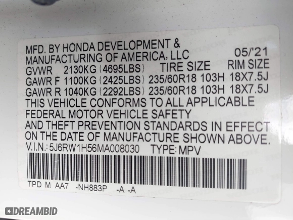 2021 Honda CR-V EX with VIN 5J6RW1H56MA008030, listed as a IAAI auction lot 41165586 with 56,835 mi miles. Bid and sale history available at carsss.com. Image 9.