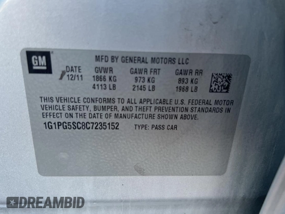 2012 Chevrolet Cruze 2LT with VIN 1G1PG5SC8C7235152, listed as a Copart auction lot 55705445 with 182,028 mi miles and Clean Title. Bid and sale history available at DreamBid. Image 10.