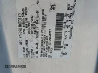 2005 Ford F-150 XL with VIN 1FTRF12215NA98797, listed as a Copart auction lot 60779175 with Not provided miles and Salvage title. Bid and sale history available at DreamBid. Image 12.