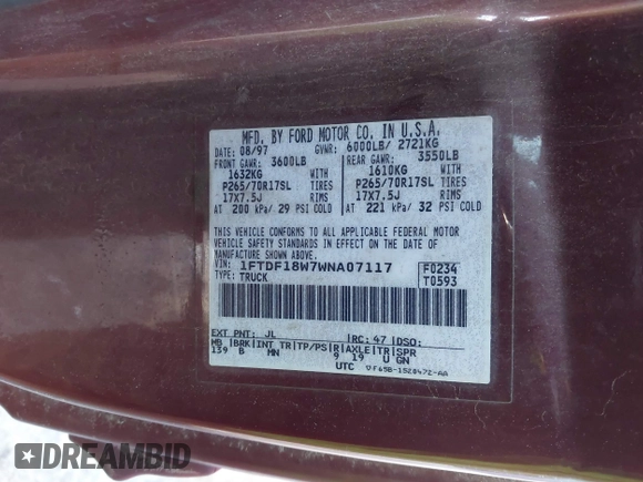 1998 Ford F-150 with VIN 1FTDF18W7WNA07117, listed as a IAAI auction lot 41395851 with 276,845 mi miles and . Bid and sale history available at DreamBid. Image 9.