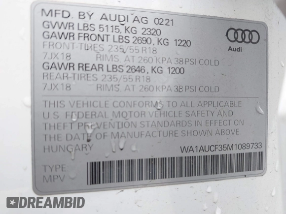 2021 Audi Q3 Premium with VIN WA1AUCF35M1089733, listed as a IAAI auction lot 41506186 with 69,211 mi miles and . Bid and sale history available at DreamBid. Image 9.